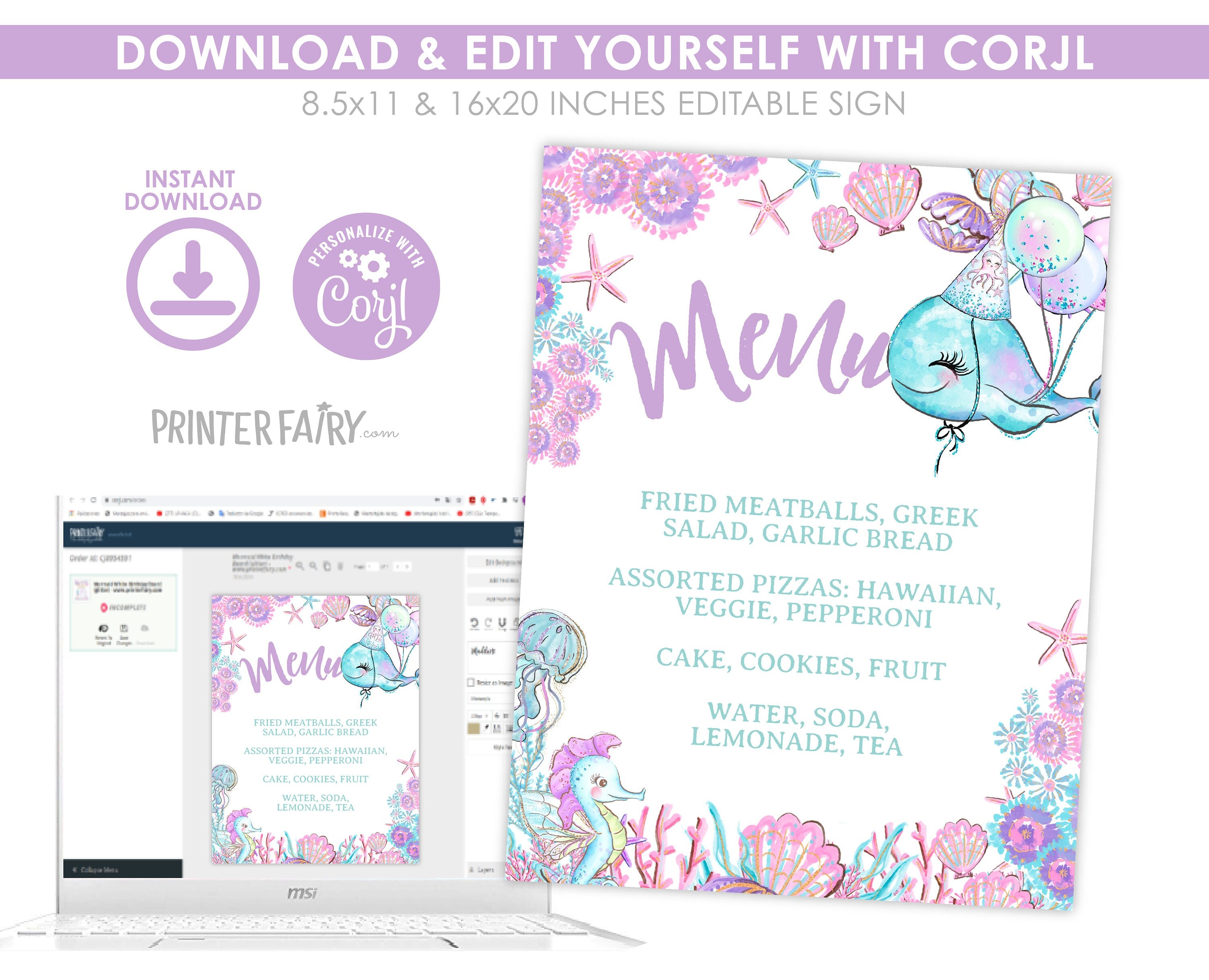 Under The Sea Birthday Menu, Ocean Party Table Sign (Editable, Instant Download)