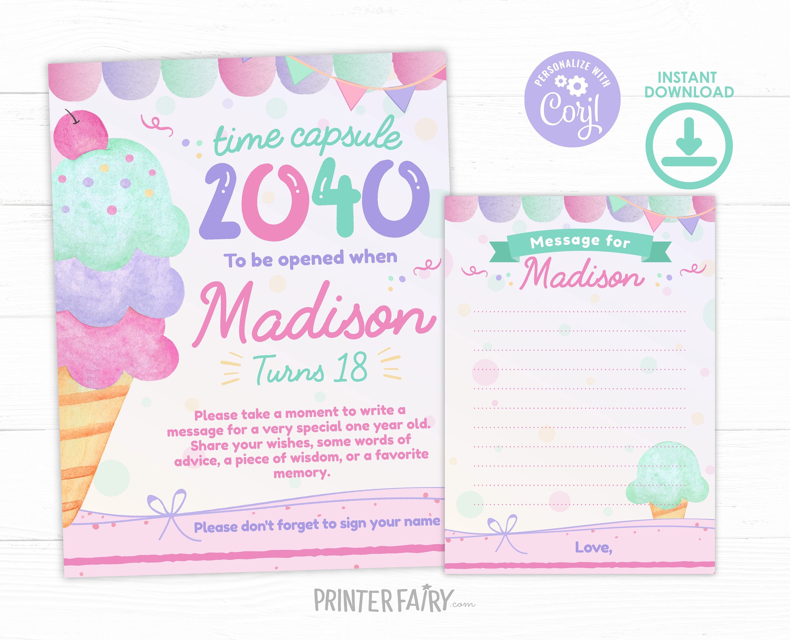 Ice Cream Birthday Time Capsule, EDITABLE (Digital Download)