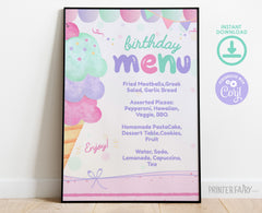 Ice Cream Birthday Menu Table Sign, Editable (Digital Download)