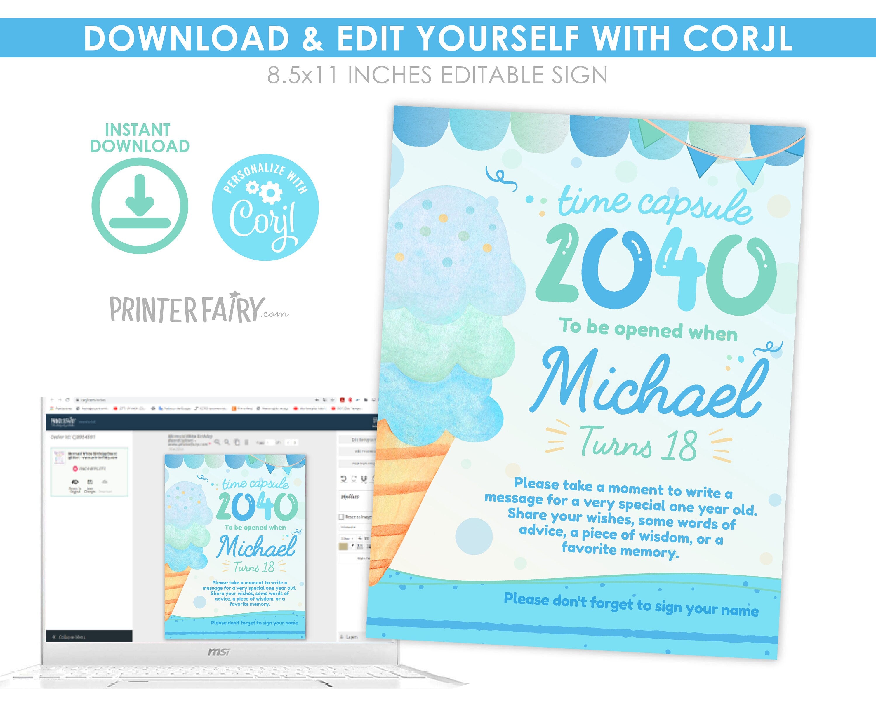 Ice Cream Birthday Time Capsule, EDITABLE (Digital Item)