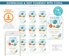Outer Space Birthday Thank You Tags, Planets, Rocket (Editable Template)