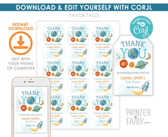 Outer Space Birthday Thank You Tags, Planets, Rocket (Editable Template)