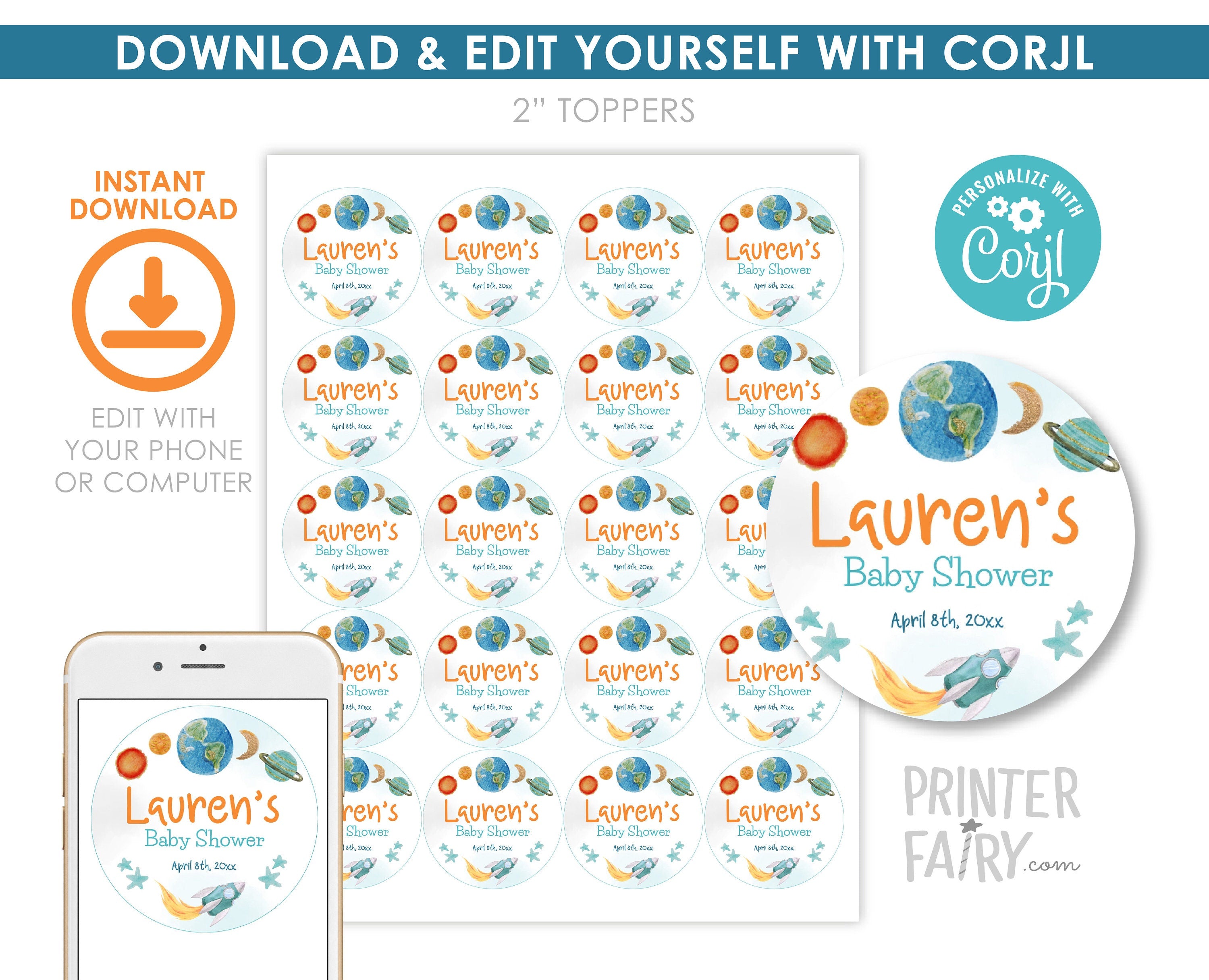 Editable Outer Space Cupcake Toppers, Rocket Ship, Planets (Digital Download)