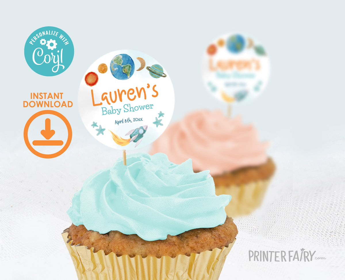 Editable Outer Space Cupcake Toppers, Rocket Ship, Planets (Digital Download)