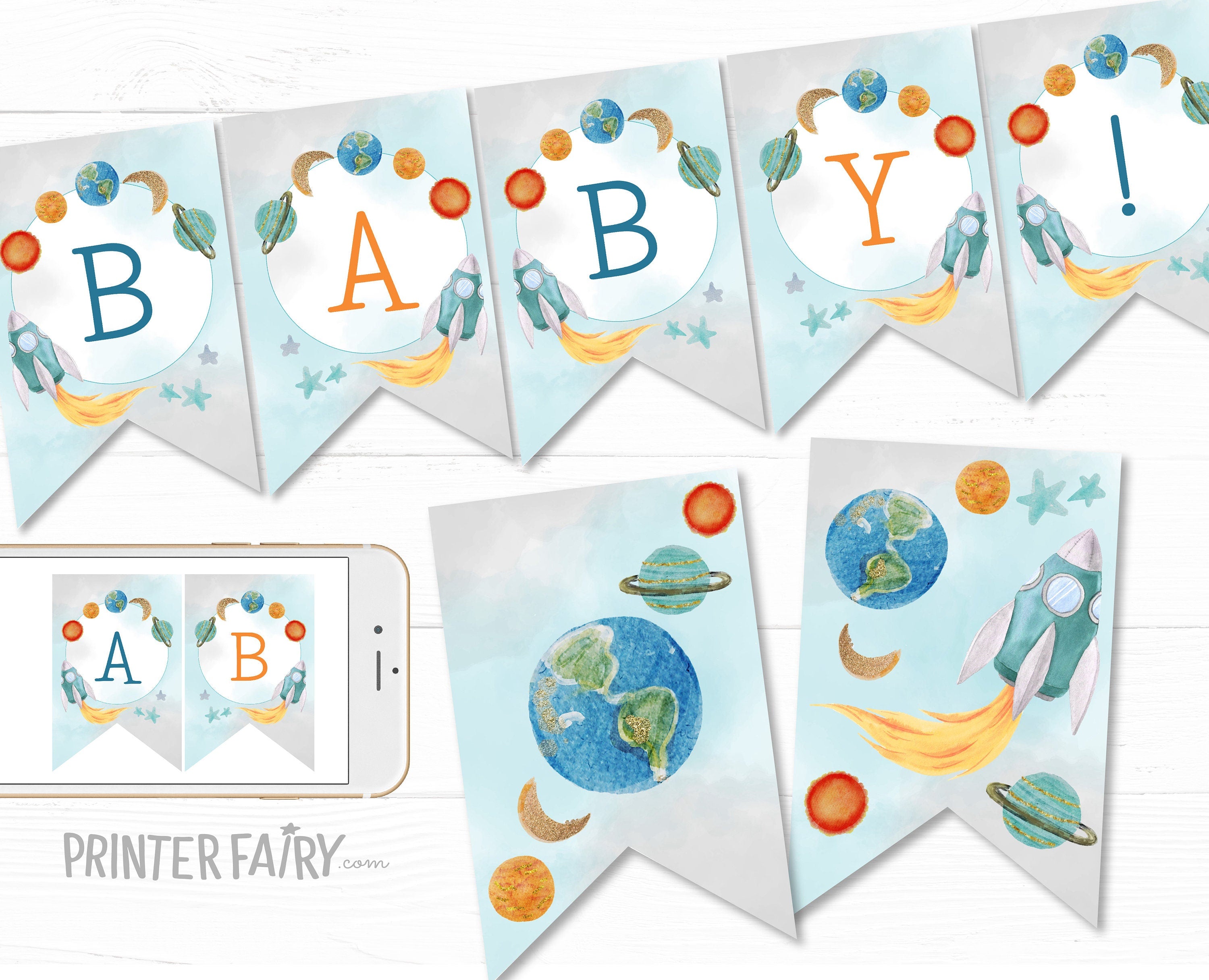 Space Baby Shower Party Banner Editable Template, INSTANT DOWNLOAD