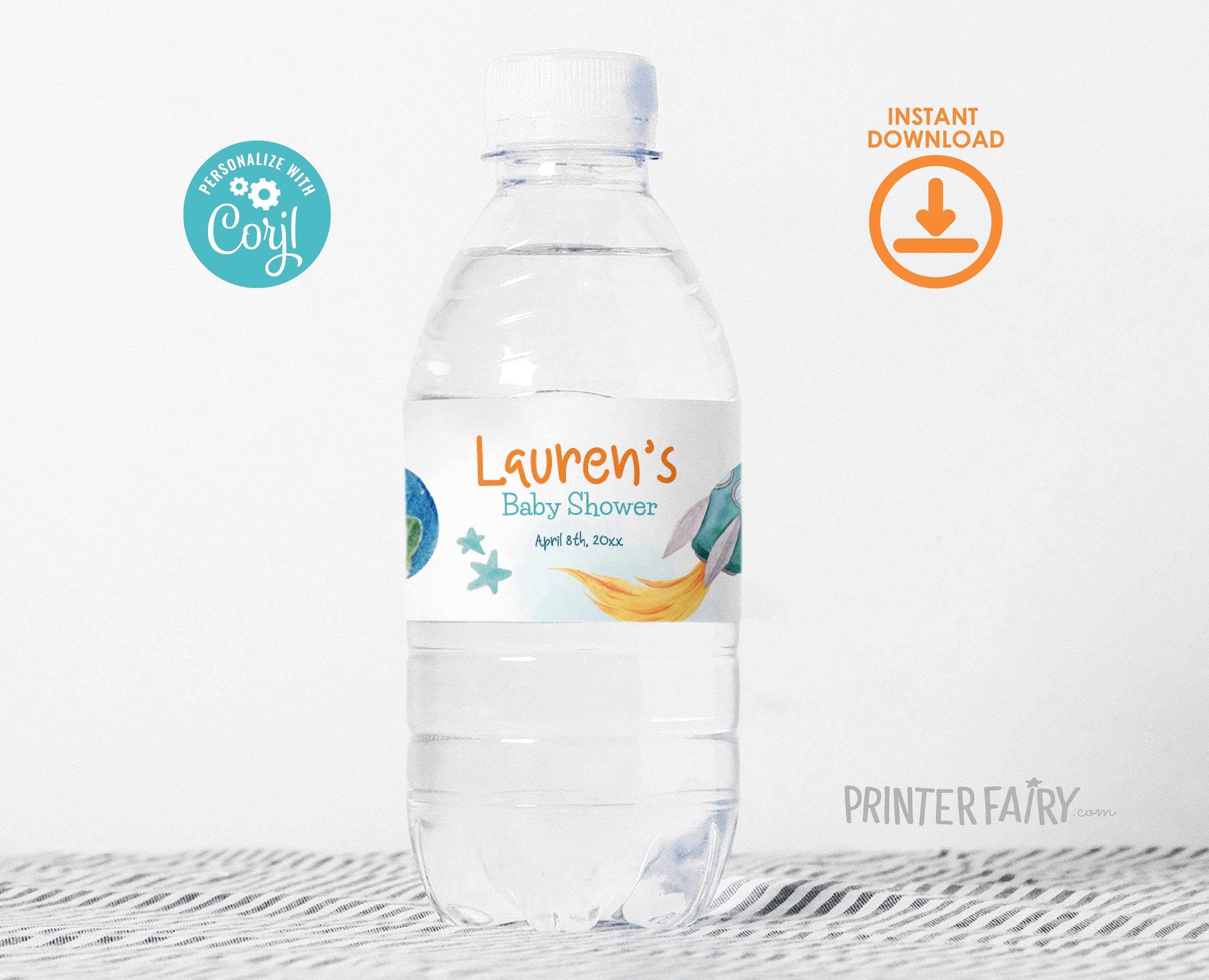 Space Birthday Water Bottle Label, Rocket Ship, Editable Template (Digital Item)