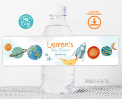 Space Birthday Water Bottle Label, Rocket Ship, Editable Template (Digital Item)