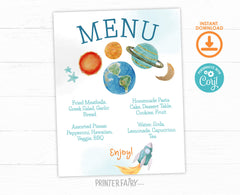 Outer Space Birthday Menu Template, Planets, Rocket (Editable Digital Download)