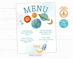 Outer Space Birthday Menu Template, Planets, Rocket (Editable Digital Download)