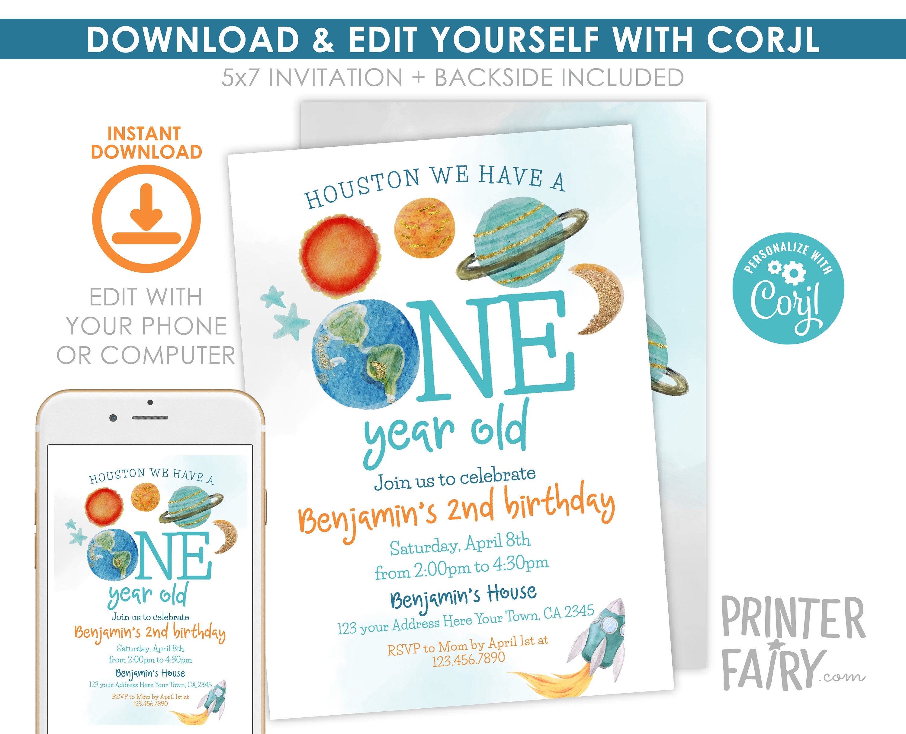 Outer Space First Birthday Invitation, Planets, Rocket (Editable Template)