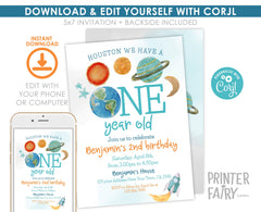 Outer Space First Birthday Invitation, Planets, Rocket (Editable Template)