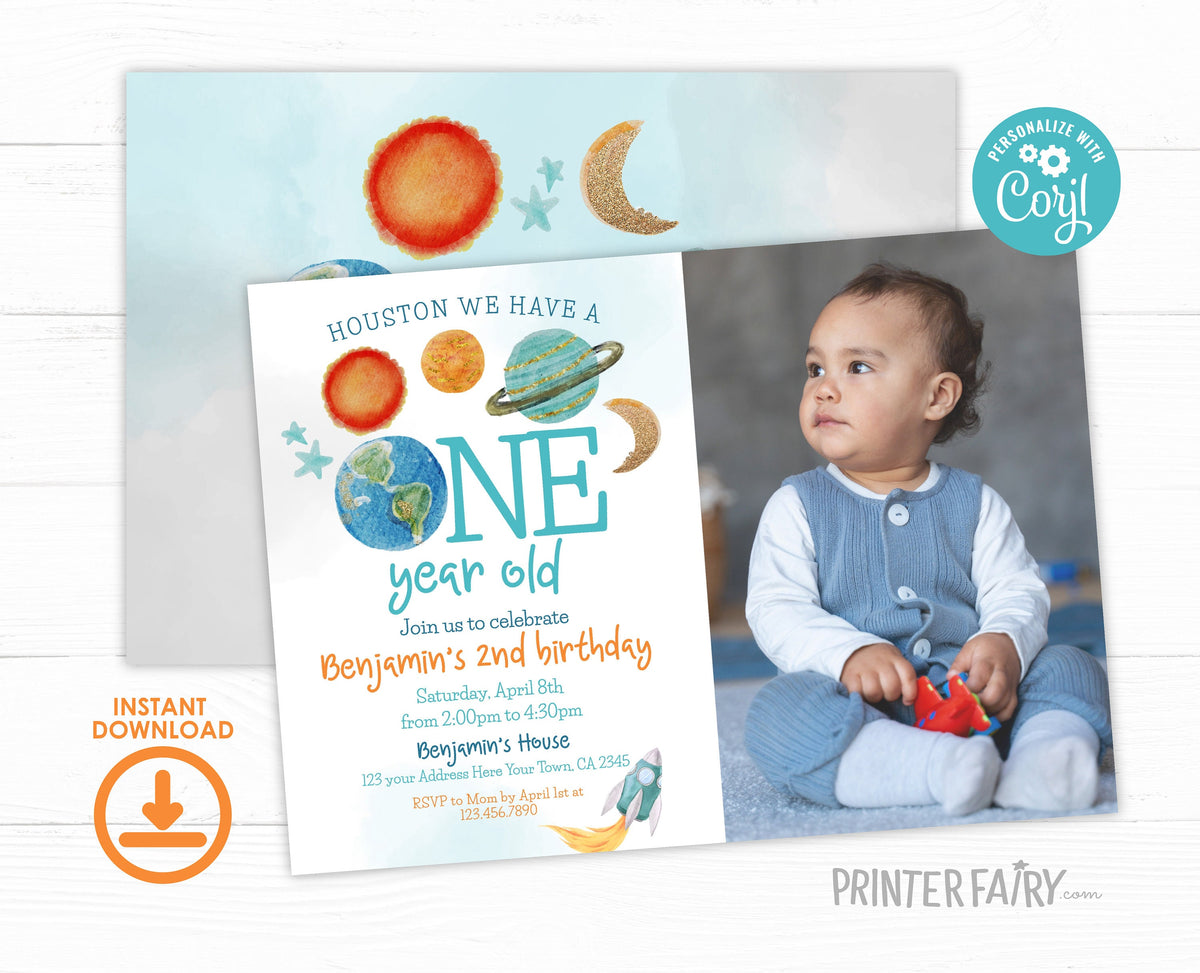 Outer Space First Birthday Invitation with Photo, Galaxy Rocket Party (Editable Template)
