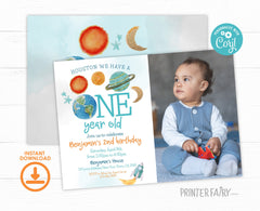 Outer Space First Birthday Invitation with Photo, Galaxy Rocket Party (Editable Template)