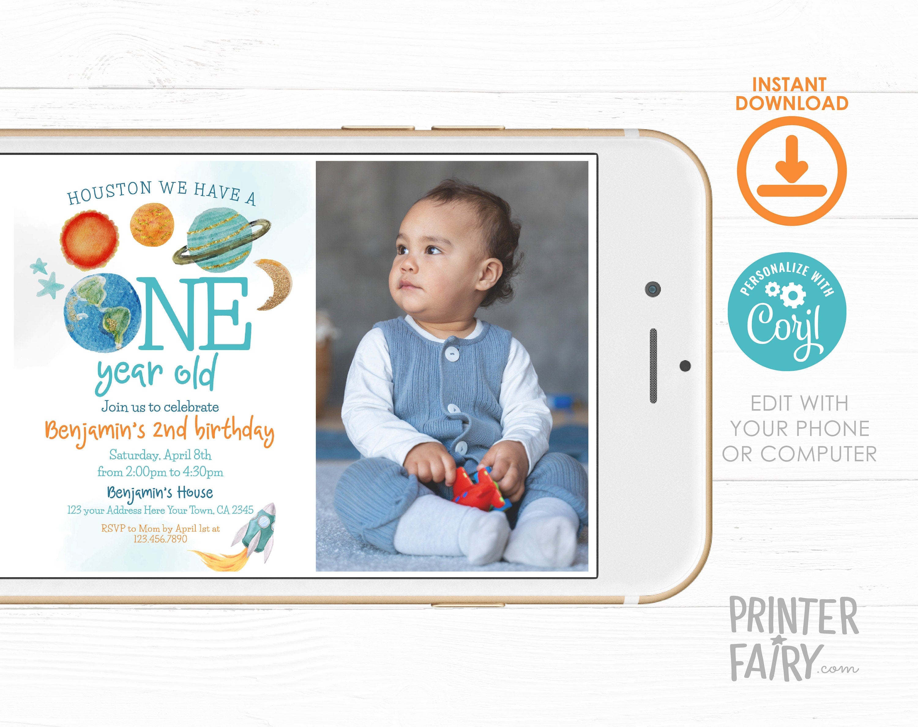Outer Space First Birthday Invitation with Photo, Galaxy Rocket Party (Editable Template)