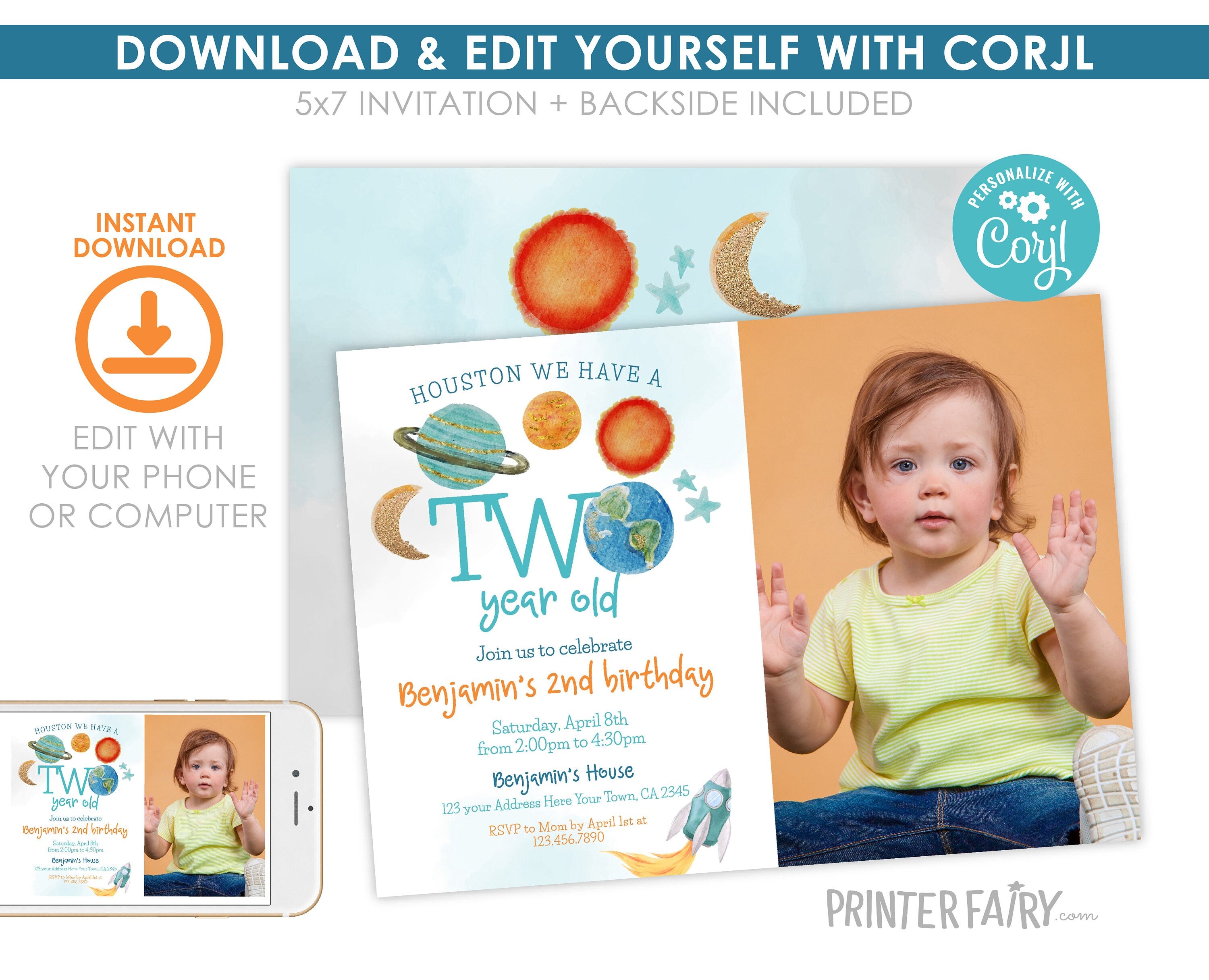 Outer Space Second Birthday Invitation with Photo (Editable Template)