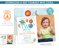 Outer Space Second Birthday Invitation with Photo (Editable Template)
