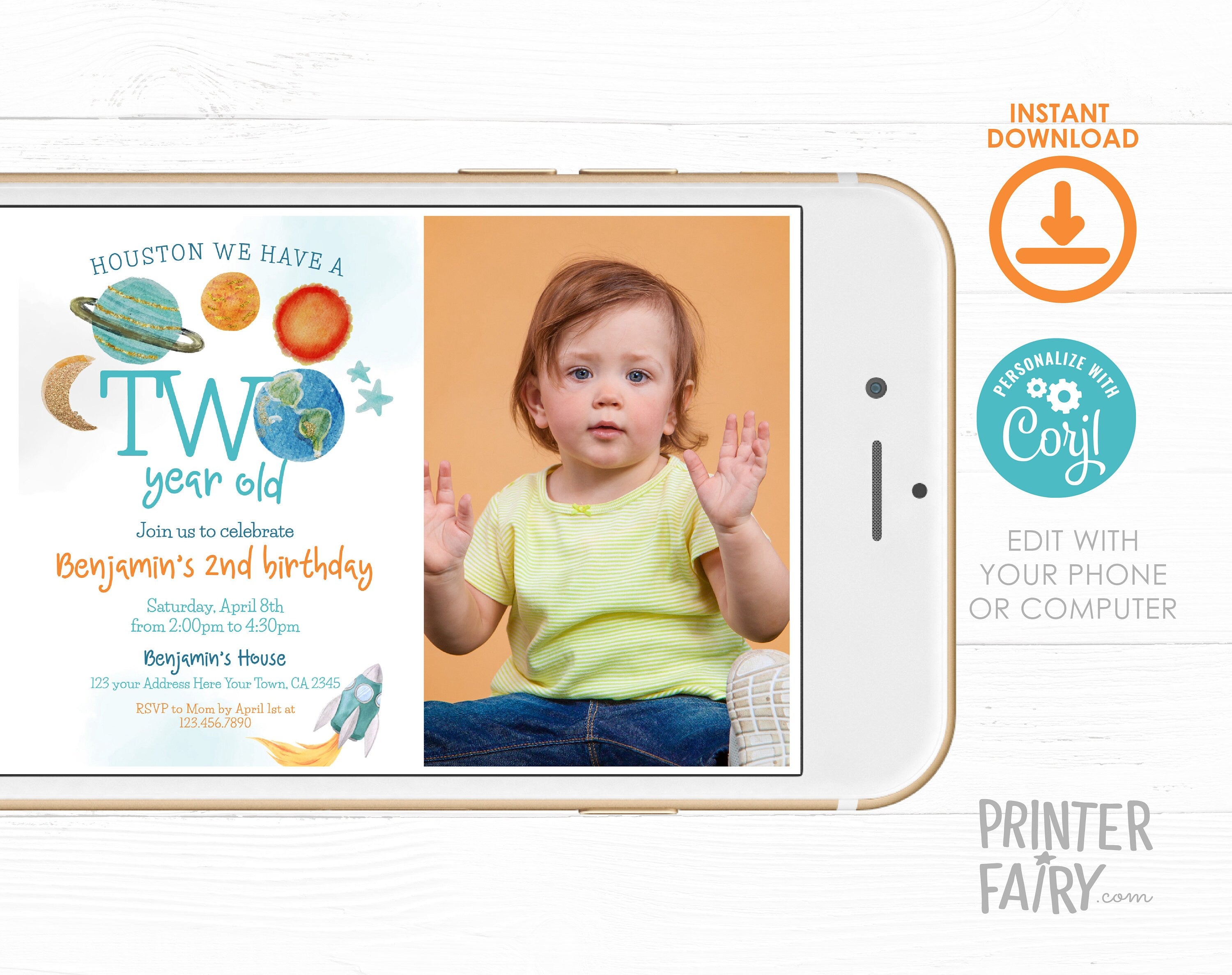 Outer Space Second Birthday Invitation with Photo (Editable Template)