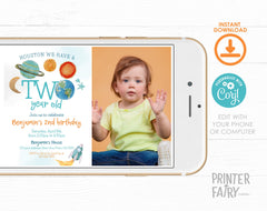Outer Space Second Birthday Invitation with Photo (Editable Template)