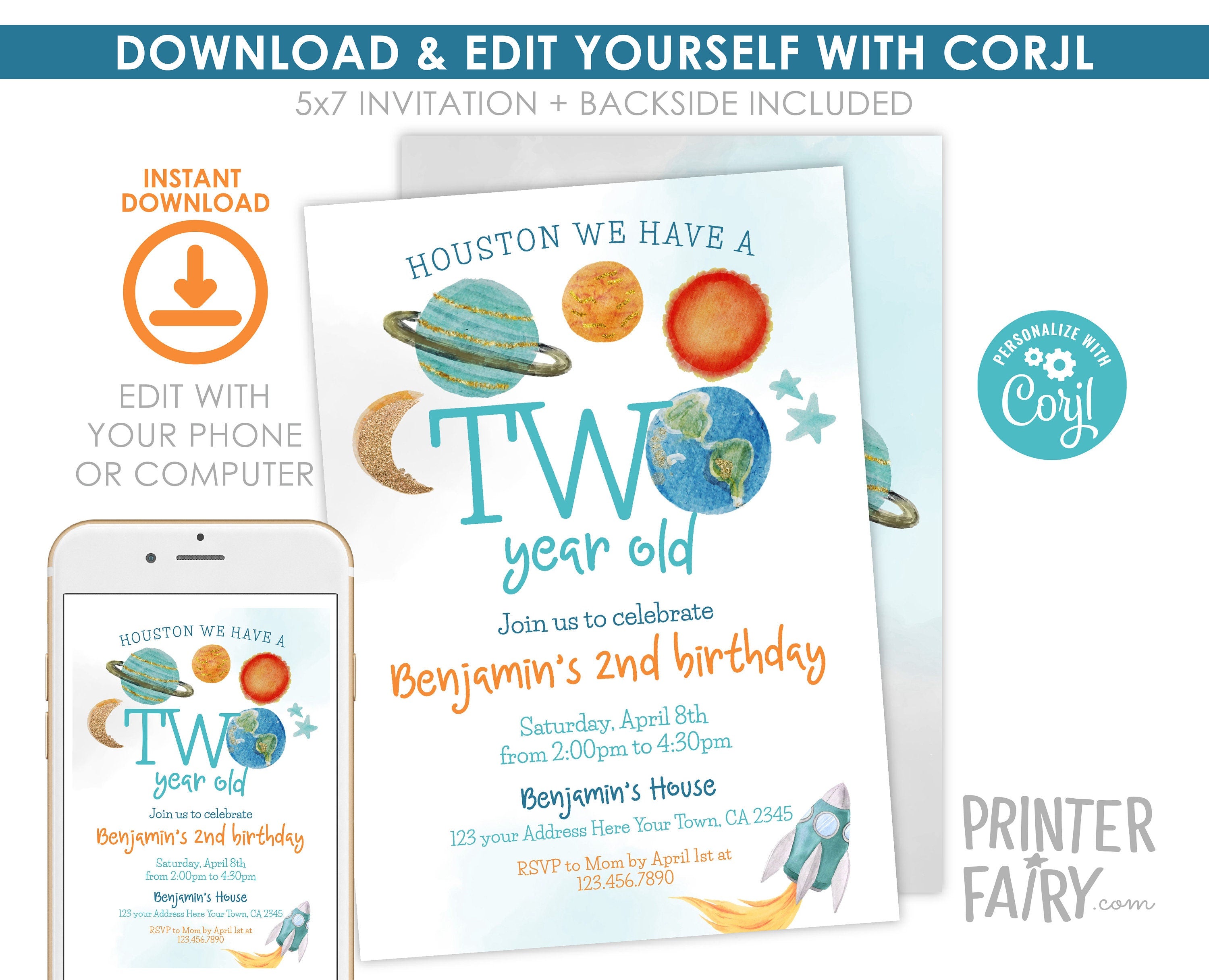 Outer Space Second Birthday Invitation, Rocket Ship Planets (Editable Template)