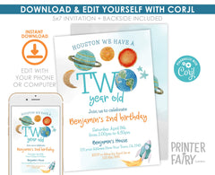 Outer Space Second Birthday Invitation, Rocket Ship Planets (Editable Template)