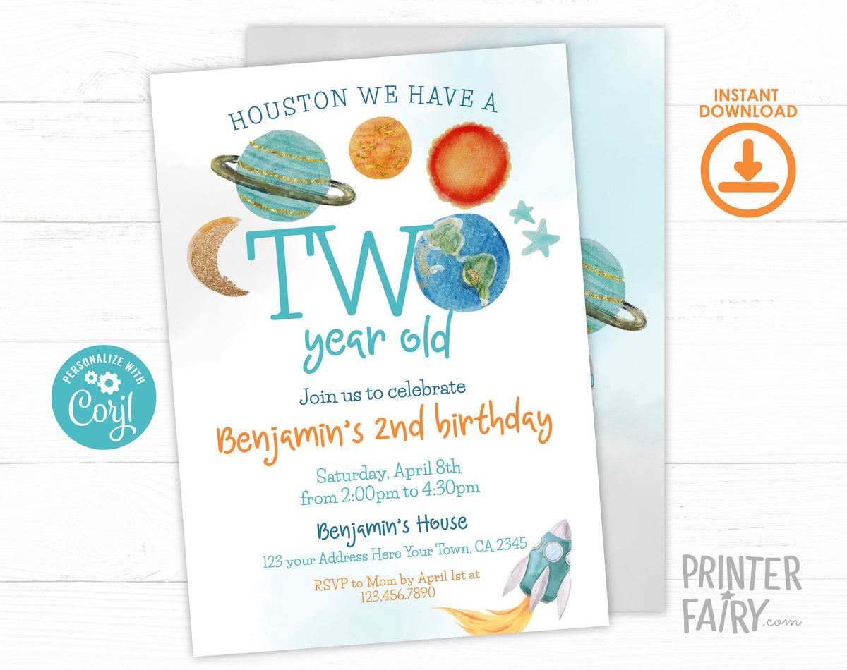 Outer Space Second Birthday Invitation, Rocket Ship Planets (Editable Template)
