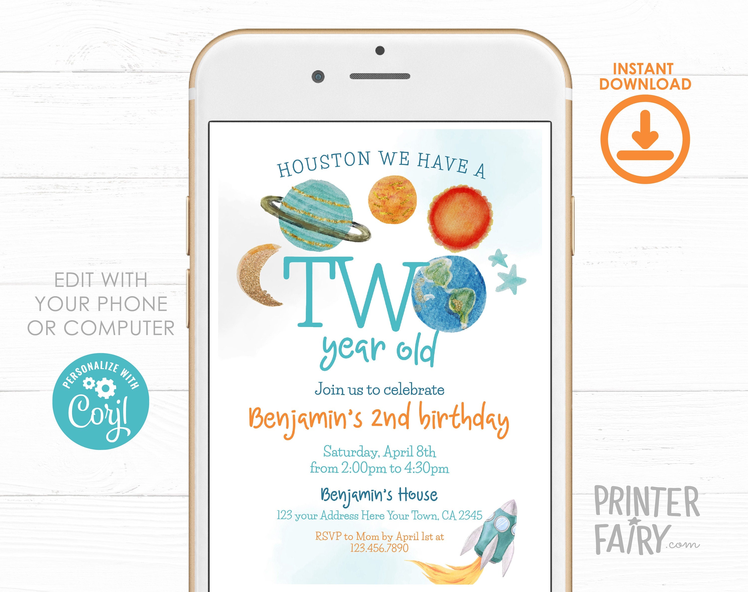 Outer Space Second Birthday Invitation, Rocket Ship Planets (Editable Template)