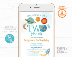 Outer Space Second Birthday Invitation, Rocket Ship Planets (Editable Template)