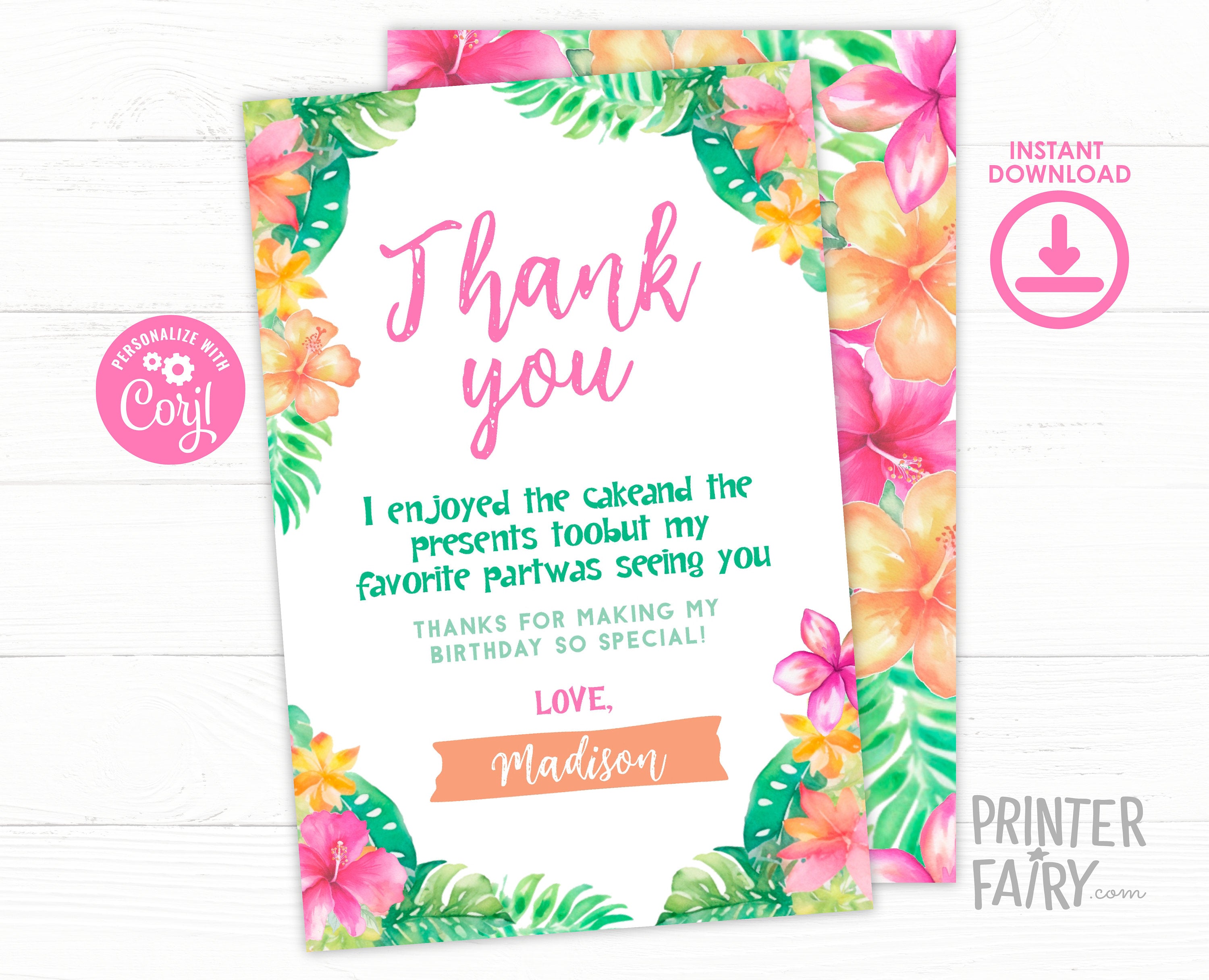 Luau Birthday Thank You Card, Editable Hawaiian Tropical Template (Instant Download)