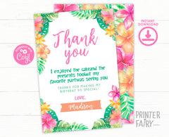 Luau Birthday Thank You Card, Editable Hawaiian Tropical Template (Instant Download)