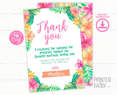 Luau Birthday Thank You Card, Editable Hawaiian Tropical Template (Instant Download)