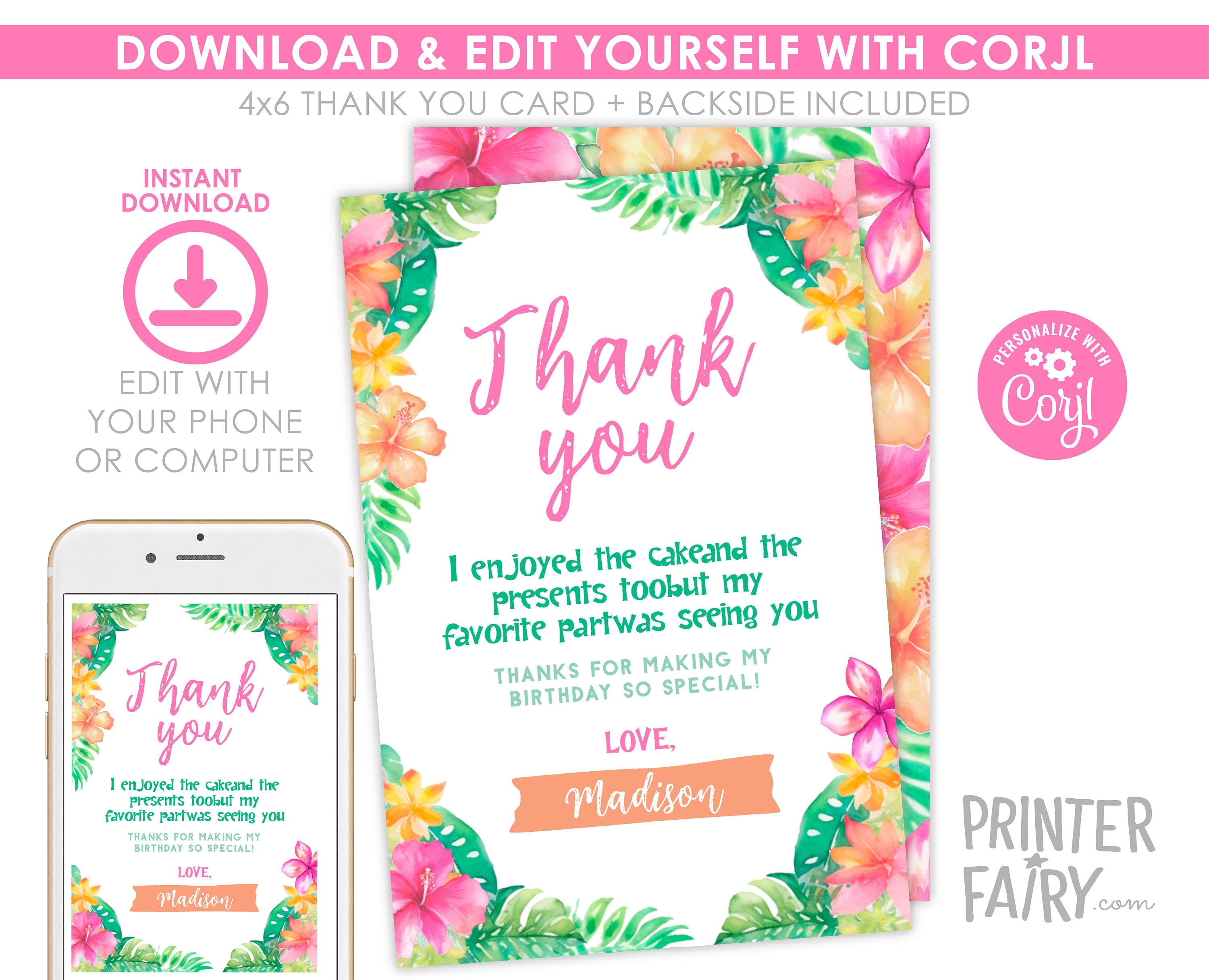 Luau Birthday Thank You Card, Editable Hawaiian Tropical Template (Instant Download)