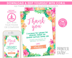 Luau Birthday Thank You Card, Editable Hawaiian Tropical Template (Instant Download)
