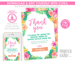 Luau Birthday Thank You Card, Editable Hawaiian Tropical Template (Instant Download)