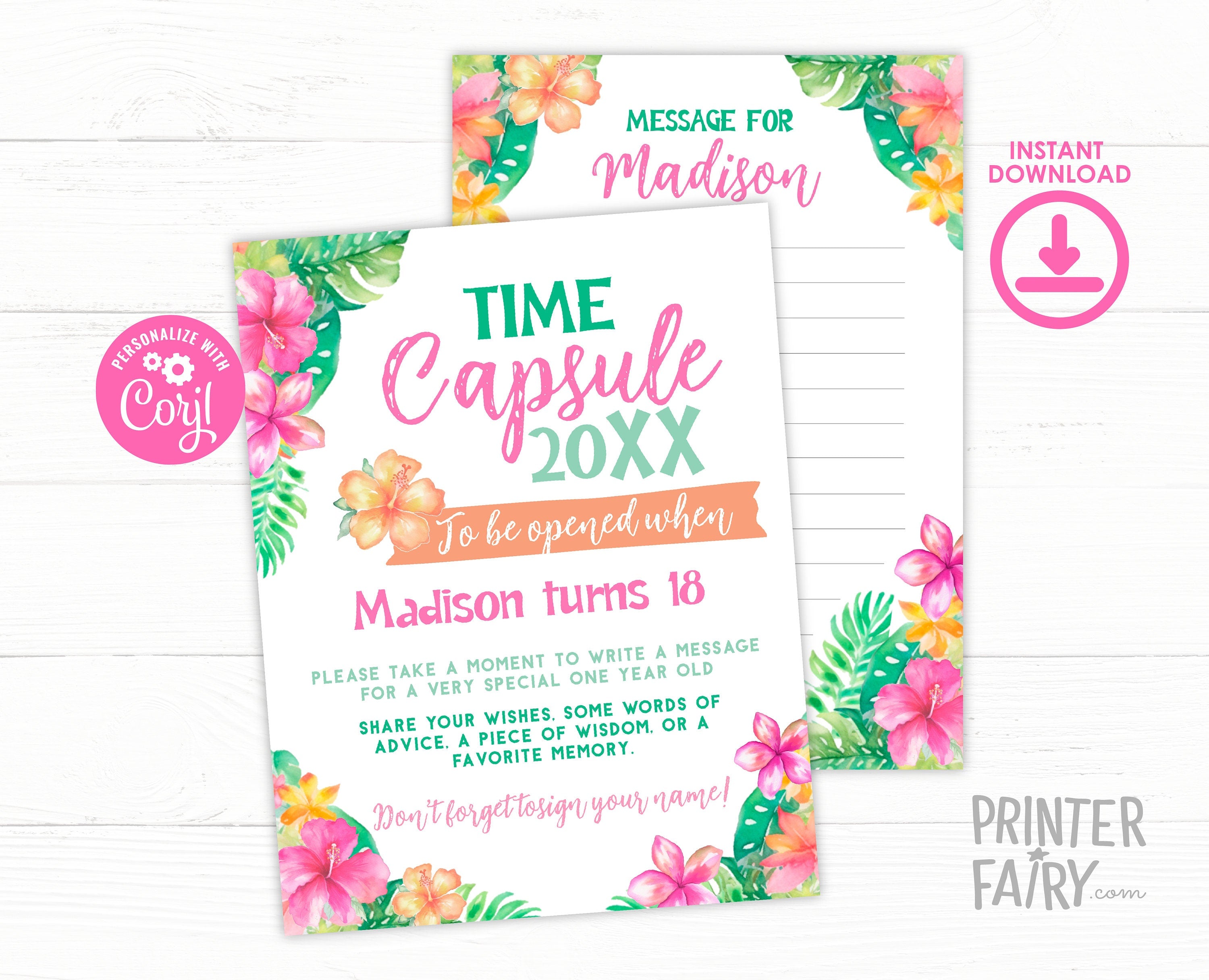 Luau Birthday Time Capsule Sign, Tropical First Birthday Message (Editable Template)