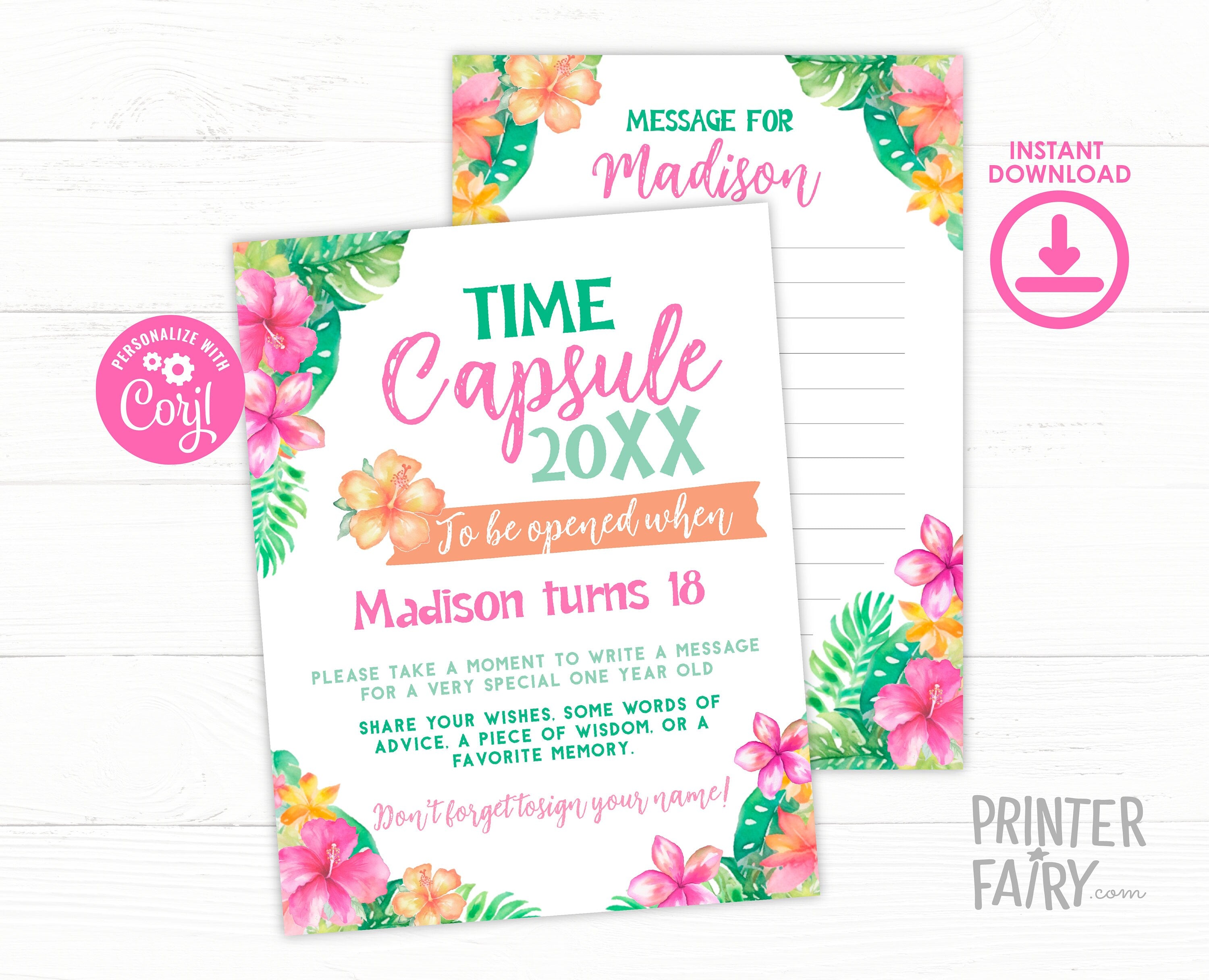 Luau Birthday Time Capsule Sign, Tropical First Birthday Message (Editable Template)