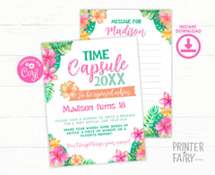 Luau Birthday Time Capsule Sign, Tropical First Birthday Message (Editable Template)
