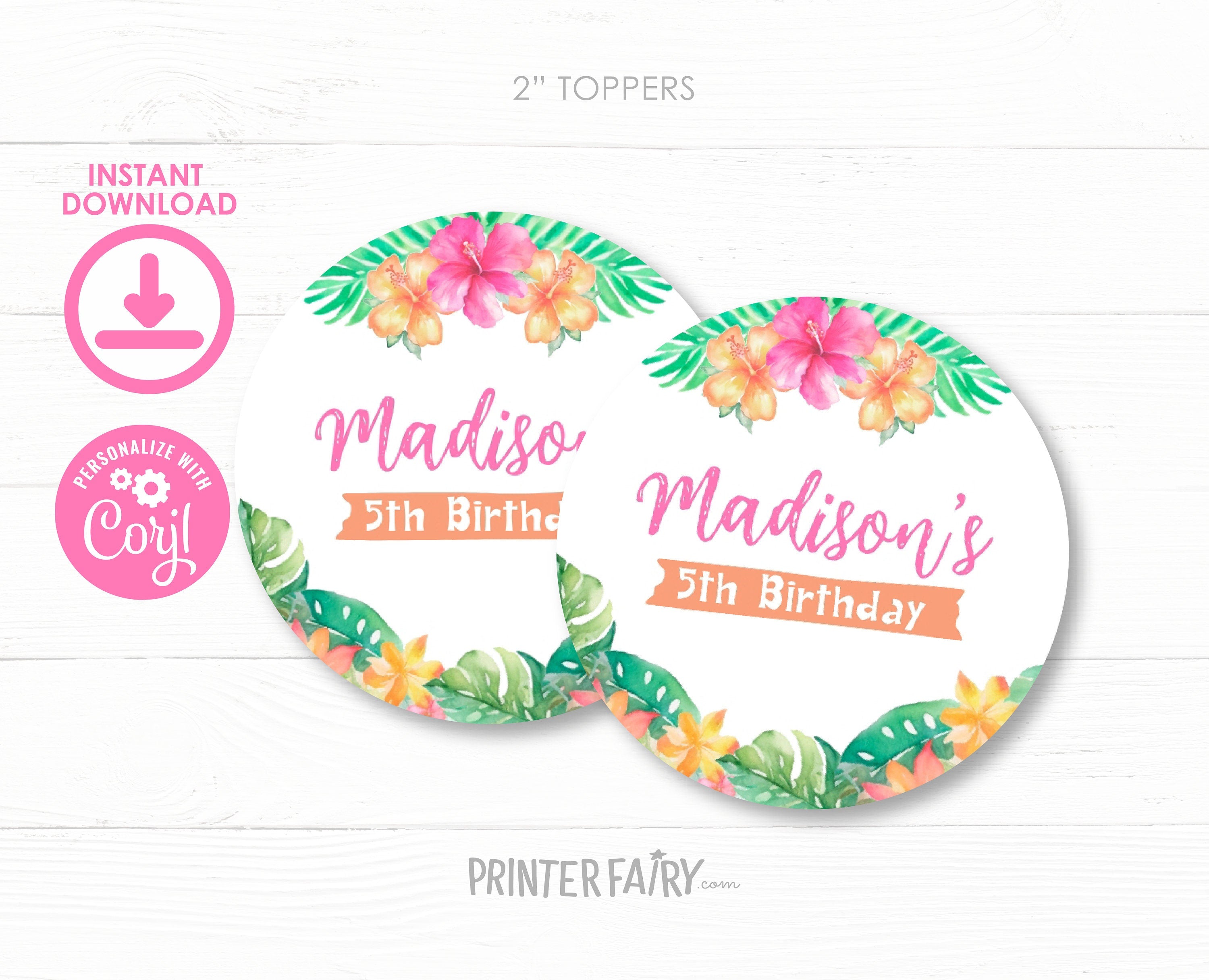 Luau Party Toppers or Round Labels Editable Template, Personalize for any Occassion, INSTANT DOWNLOAD