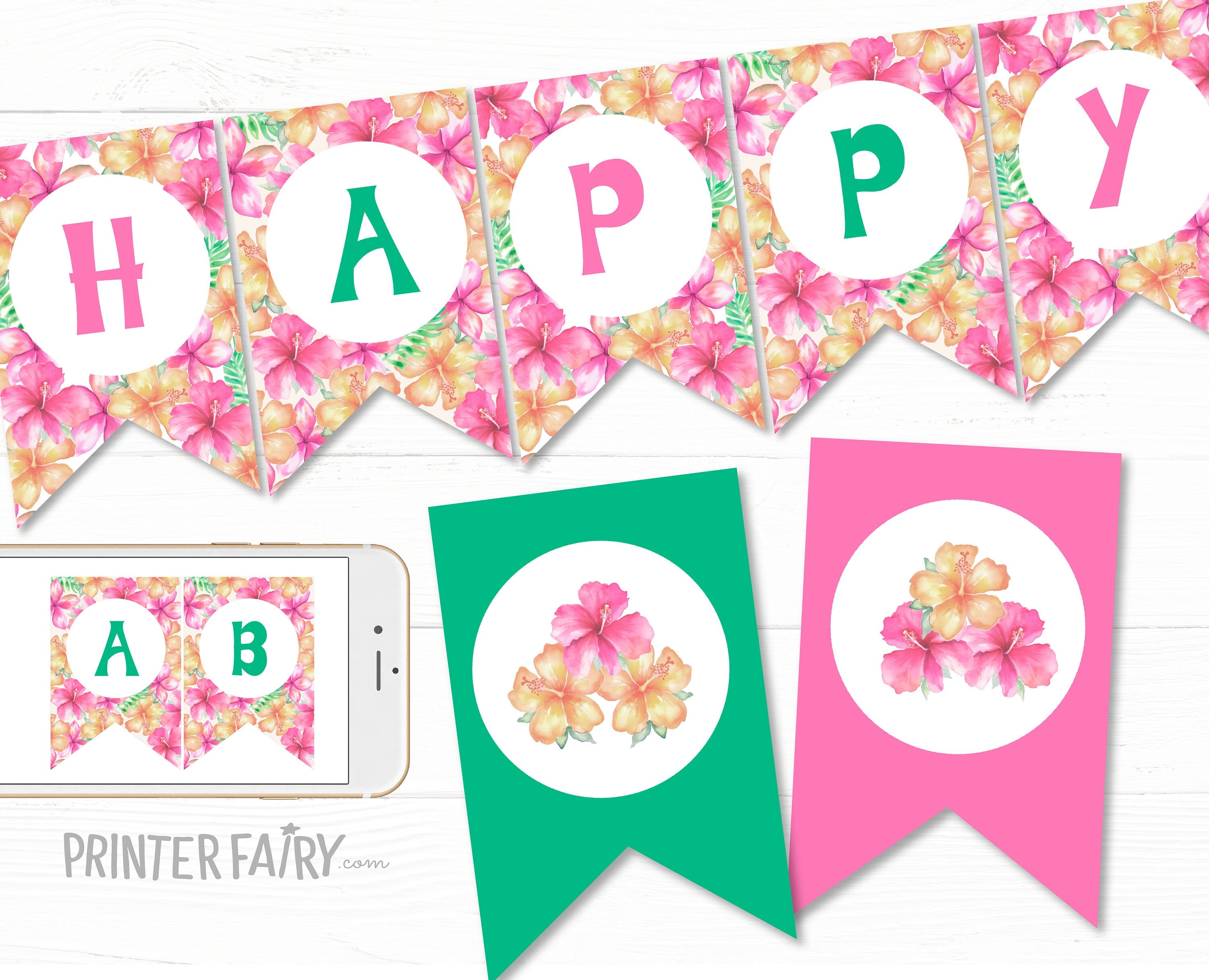 Hawaiian Luau Birthday Banner, Editable Tropical Party Decor (Digital Download)