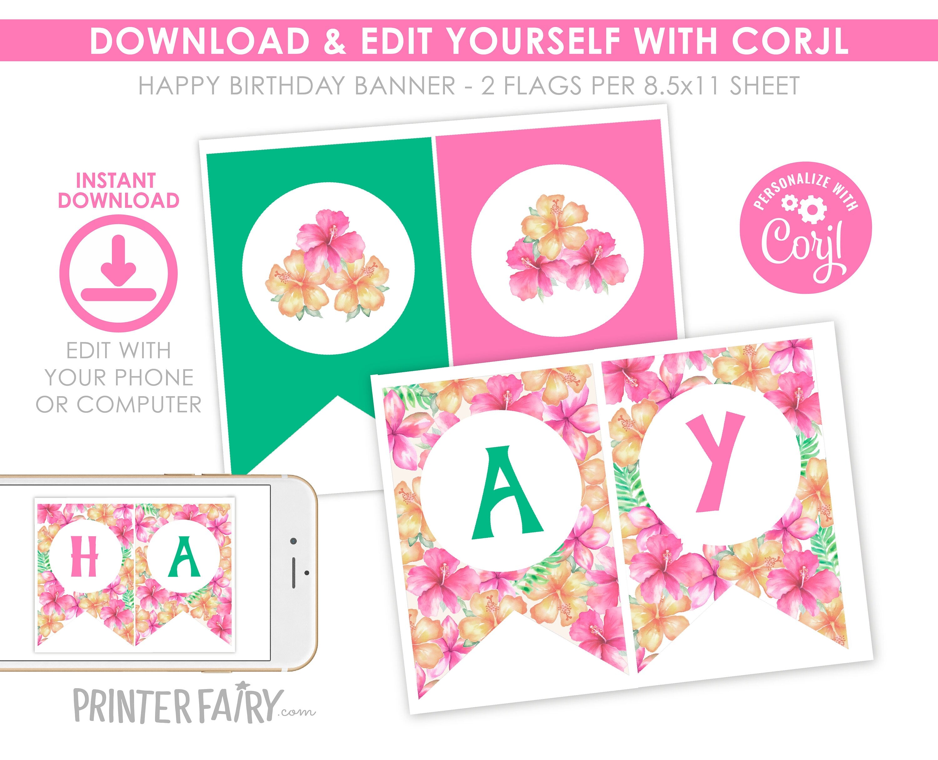 Hawaiian Luau Birthday Banner, Editable Tropical Party Decor (Digital Download)