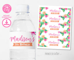 Editable Luau Party Water Bottle Label, Hawaiian Birthday Template (Instant Download)