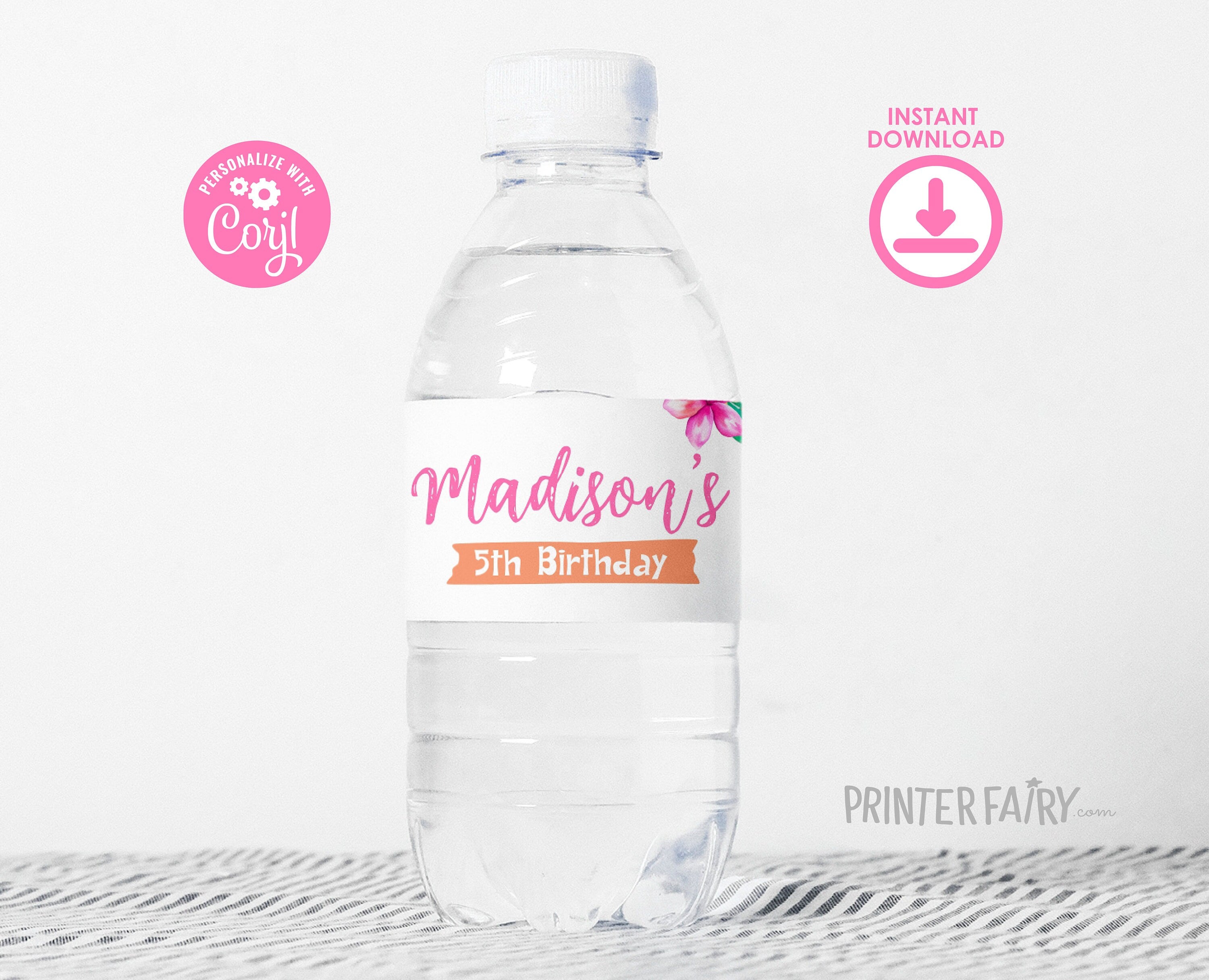 Editable Luau Party Water Bottle Label, Hawaiian Birthday Template (Instant Download)