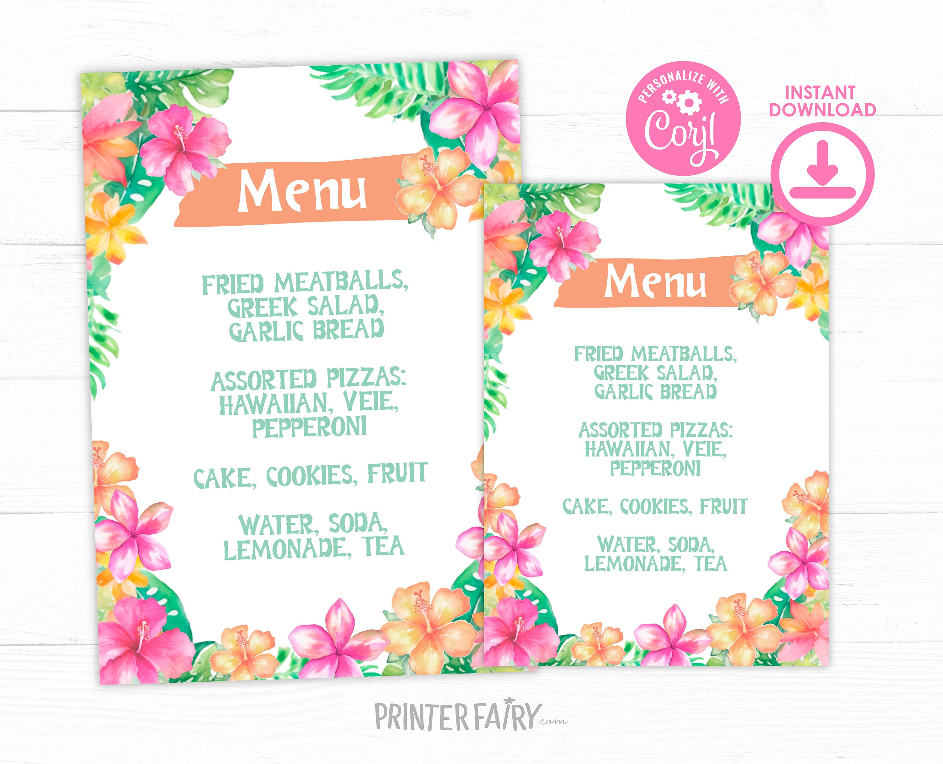 Luau Party Menu Hawaiian Dinner Menu Editable Template, Table Sign, INSTANT DOWNLOAD