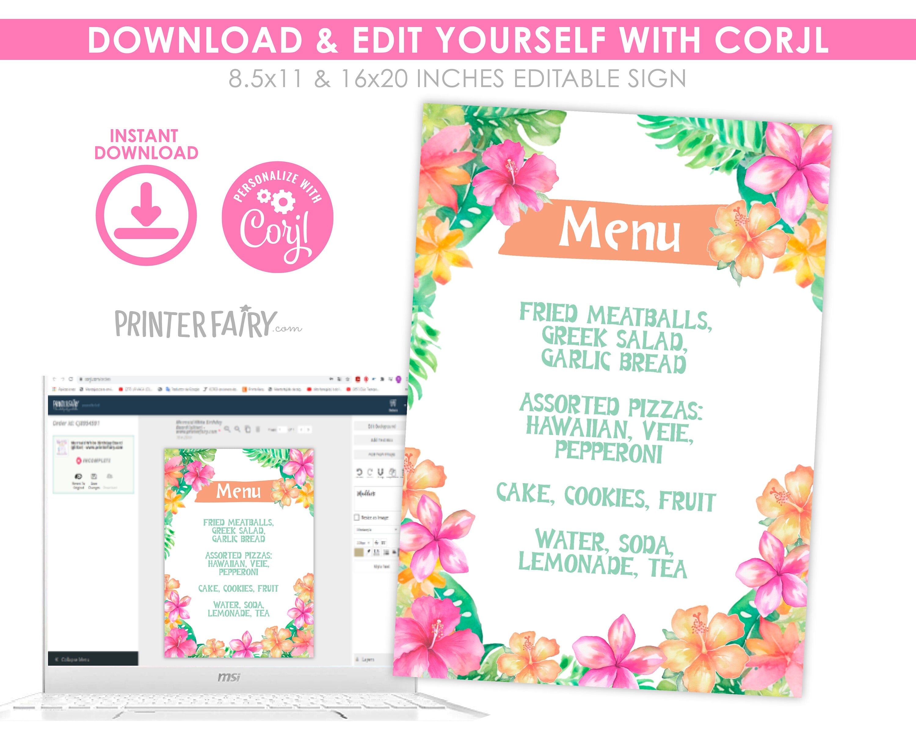 Luau Party Menu Hawaiian Dinner Menu Editable Template, Table Sign, INSTANT DOWNLOAD