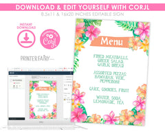 Luau Party Menu Hawaiian Dinner Menu Editable Template, Table Sign, INSTANT DOWNLOAD