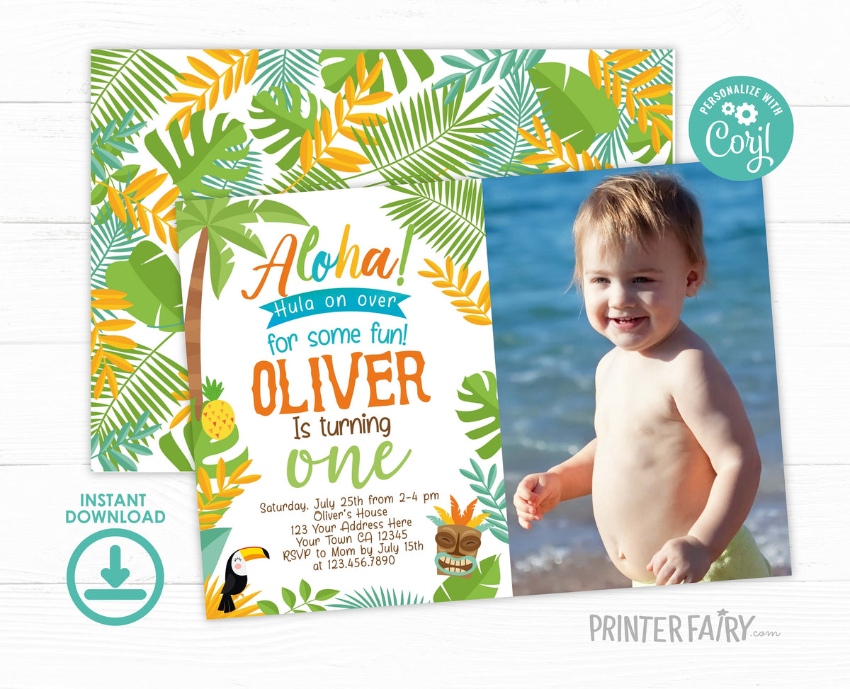 Photo Luau Birthday Invitation, Tropical Party (Editable Digital Invite)