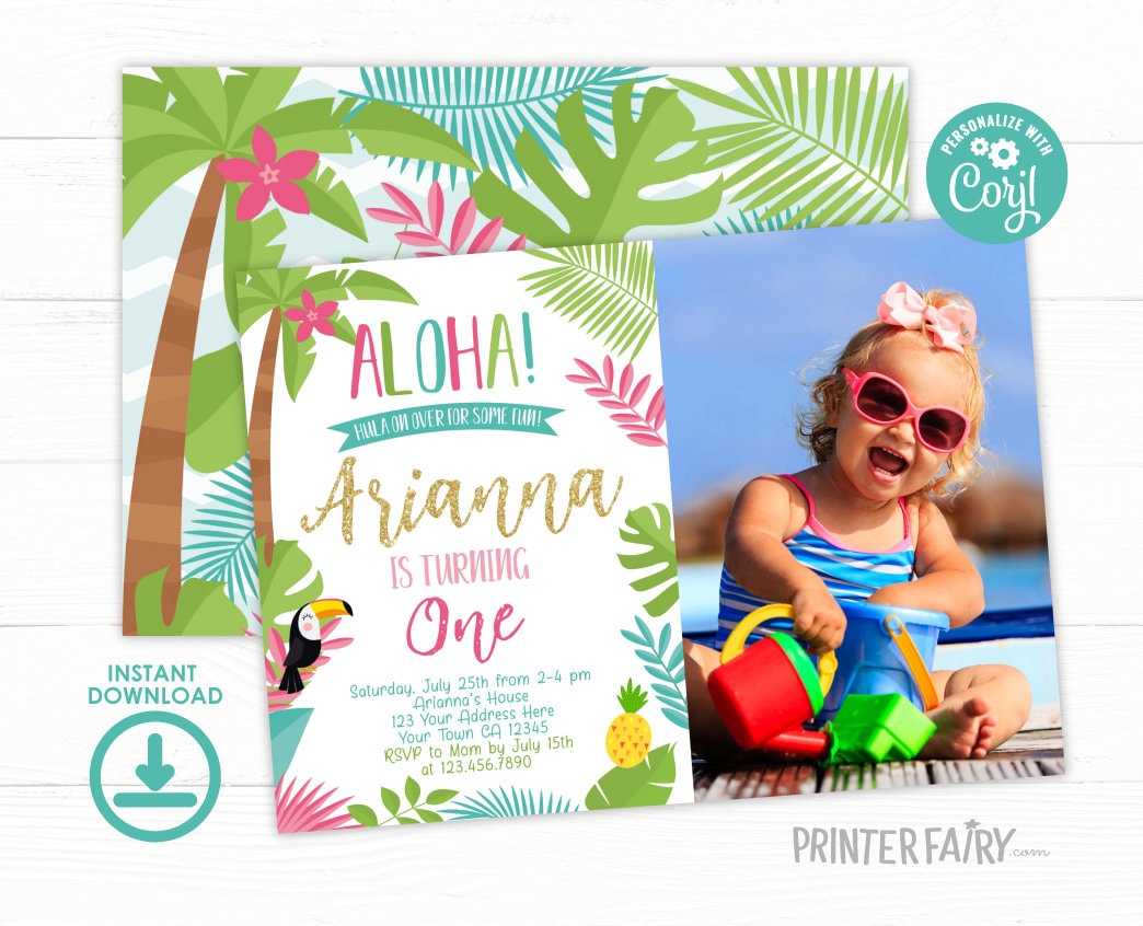 Editable Luau Birthday Photo Invitation, Tropical Party (Digital Invite)