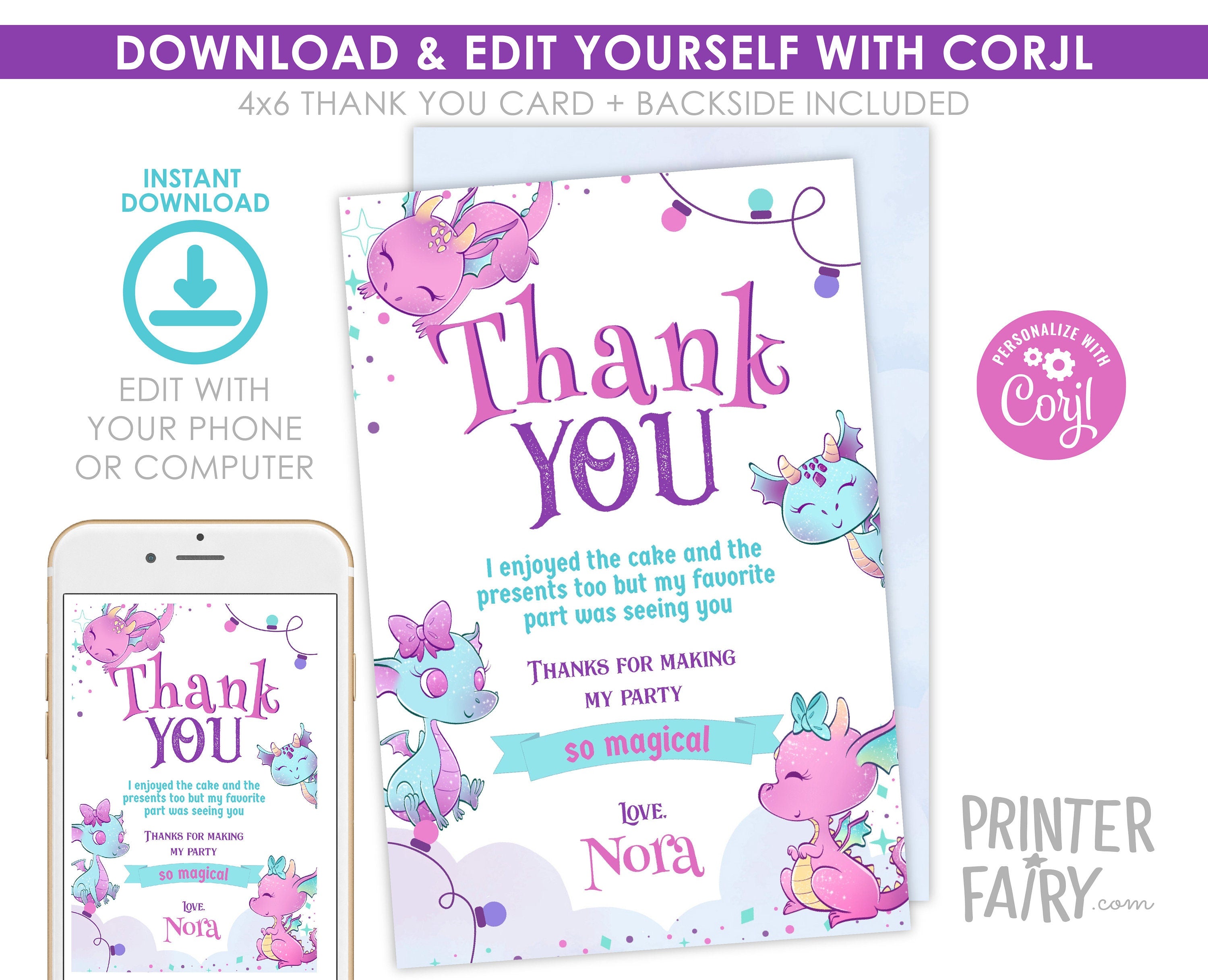 Dragon Birthday Thank You Card, Girl Party (Printable Template)