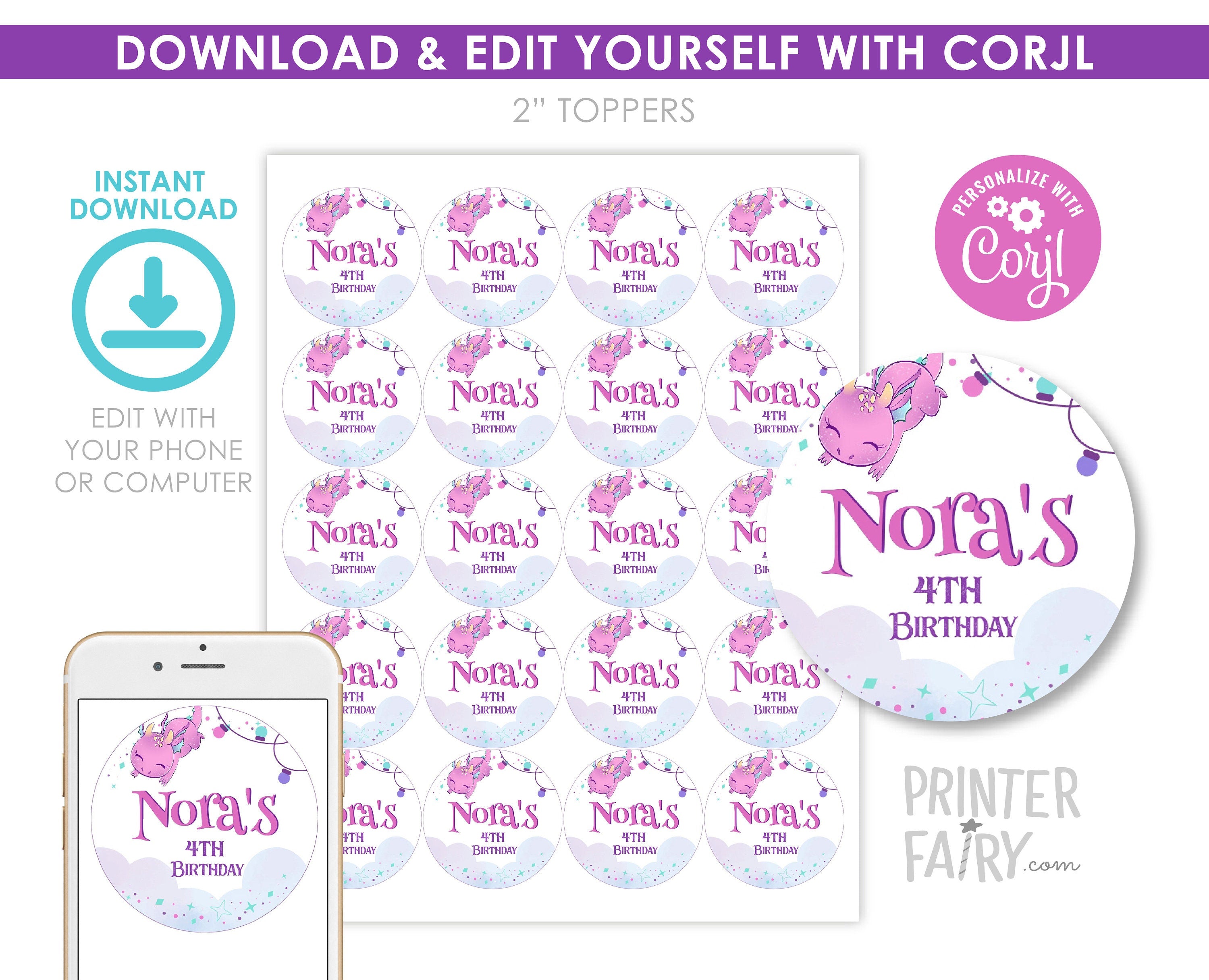 Girl Dragon Birthday Party Toppers, Printable Round Labels (Instant Download)