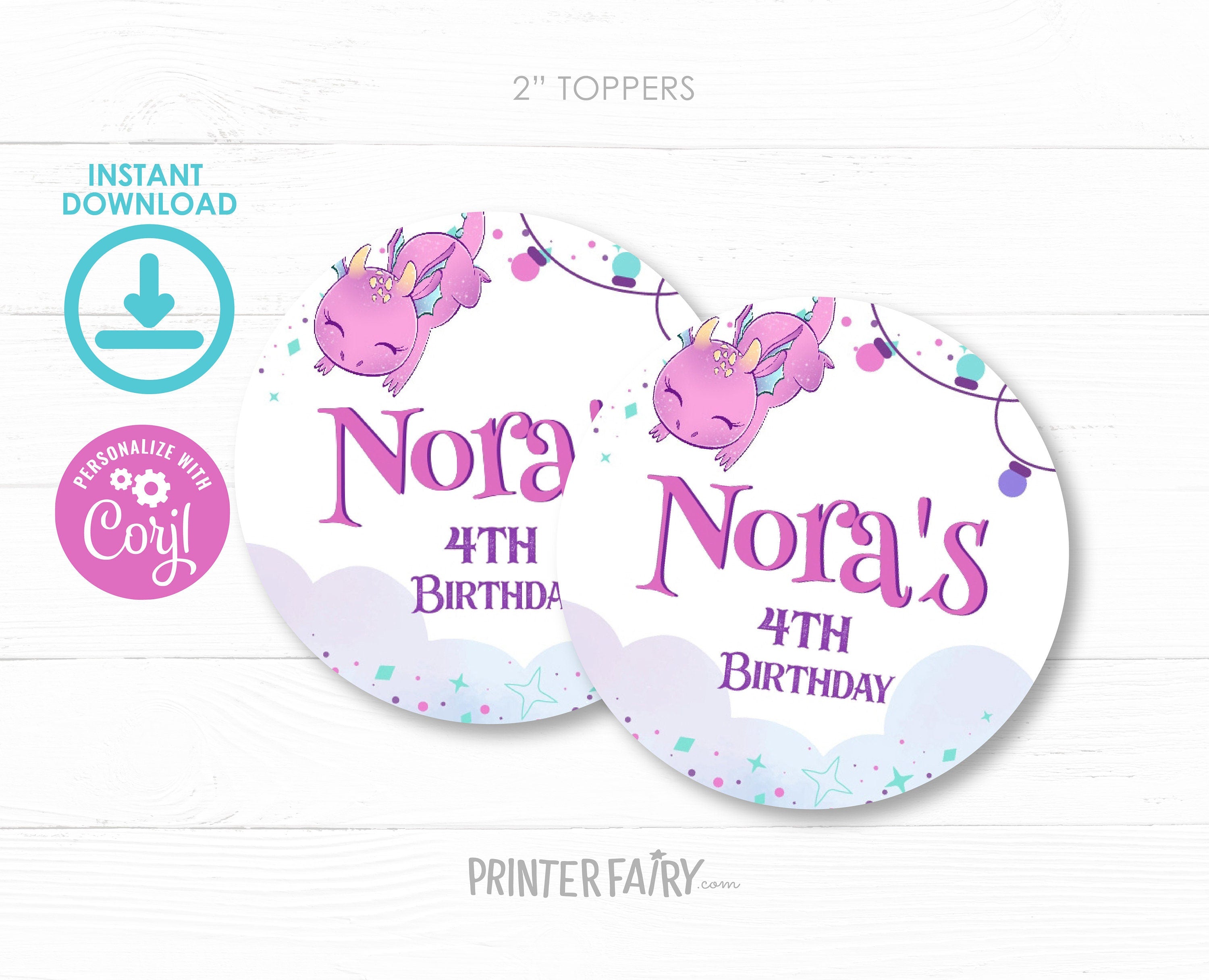 Girl Dragon Birthday Party Toppers, Printable Round Labels (Instant Download)