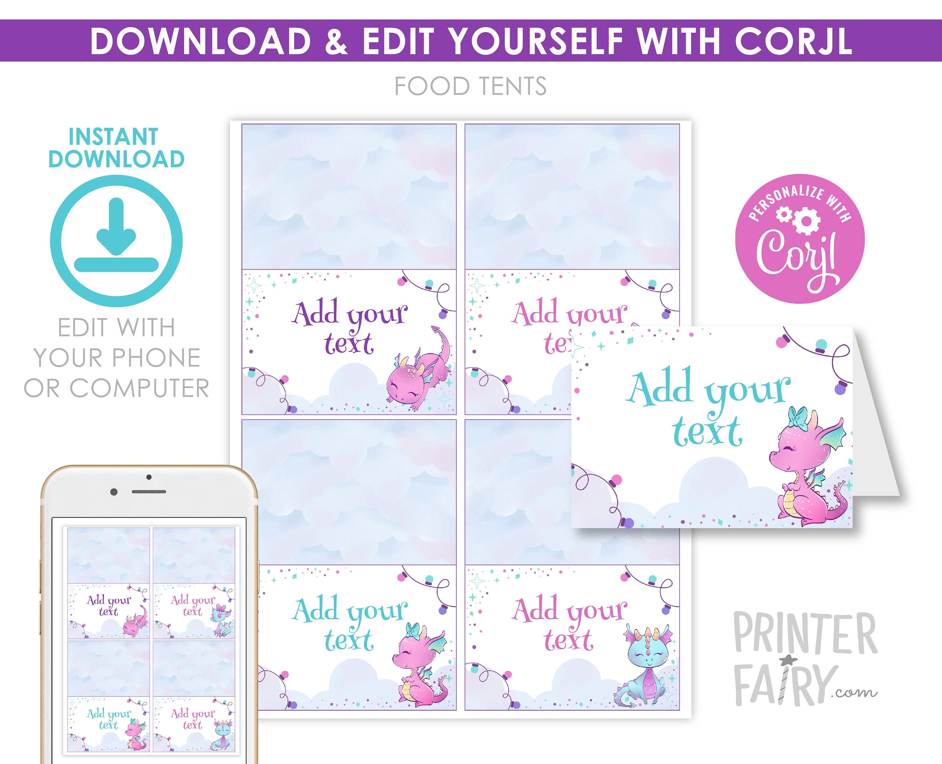 Girl Dragon Birthday Party Food Tents, Printable Table Signs (Digital Download)